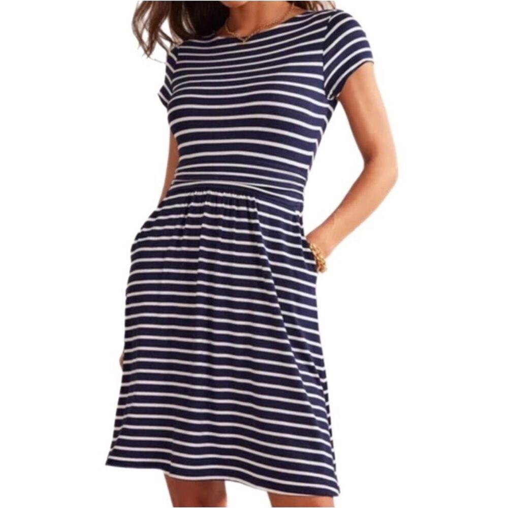 Boden Amelie Size 6R Jersey Navy Blue White Striped‎ Short Sleeve Stretch Dress